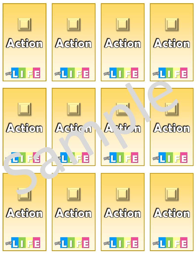 May include: A sheet of gold-colored cards with the word "Action" in bold white letters. Each card has a gold square at the top and the words "my LIFE" in colorful letters at the bottom.