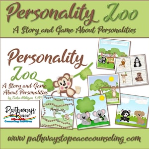 Può includere: Un'illustrazione colorata di un gioco chiamato "Personality Zoo" con una scimmia, un koala, un bradipo e un gatto. Il gioco è progettato per insegnare le diverse personalità. Il testo "Personality Zoo" è scritto in lettere marroni su uno sfondo verde. Il testo "A Story and Game About Personalities" è scritto in lettere bianche su uno sfondo verde. Il testo "Pathways to Peace Counseling Resources" è scritto in lettere arcobaleno su uno sfondo bianco.