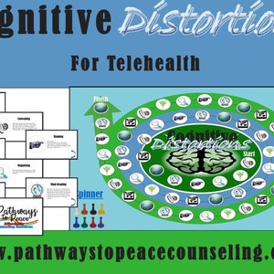 May include: A teal and blue graphic with the words "Cognitive Distortions For Telehealth." It features a game board design with a brain graphic, and several smaller graphics with text. The website address www.pathwaystopeacecounseling.com is at the bottom.