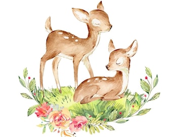 Watercolour PNG Baby Deer, Sleeping Baby Deer, Flower Wreath, Fawn, Deer Print Art, Deer, Deer Illustration, Siblings, cute little fawn