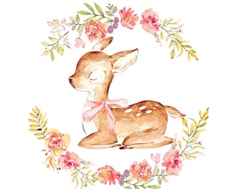 Baby Fawn Clipart, Watercolor Deer PNG Clipart, Sleeping Girl Deer, Pink Ribbon, Flower Wreath, Litlle Deer, Deer Print Art, Deer Sticker,