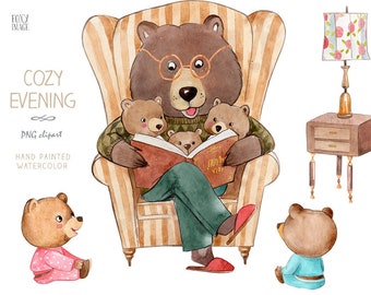 Watercolour PNG Daddy Bear, Grandpa And Kids, Reading Book, Little Boy, Teddy family, Bear Illustration, Animal Family, Father’s Day,