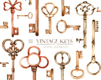 Vintage Keys, Watercolour PNG key, old key PNG clipart, PNG key, Key, Key Illustration, Retro rusty Key, Digital Download, bronze key