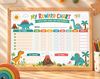Dinosaur Reward Chart Printable, Weekly Points Behavior and Chore Chart for Kids