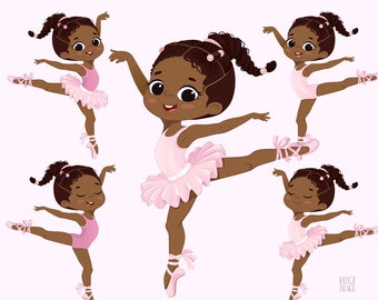 Ballerina Clipart, Little Ballet Characters, African-American Ballerinas Girls, Planner Sticker, Dancing Girl, Pink Tutu, Instant Download
