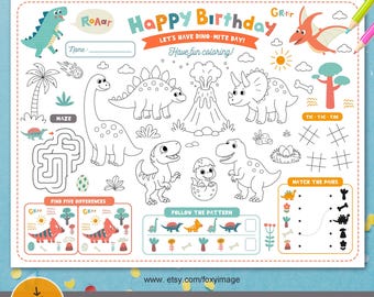 Dinosaur Birthday Party Coloring Placemat, Printable Kids Activity Mat (Digital Download)