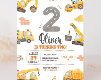 Construction Birthday Invitation, Watercolor Trucks, Dump Truck, Digger (Digital)