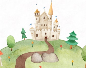 Watercolor Castle Illustration, Fairy Tale PNG, Citadel PNG, Little Princess Castle PNG, Fairy-Tale Background, City, Digital