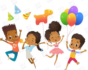 Birthday Party Characters Set, Birthday Party PNG Clipart, Birthday Party Boys and Girls PNG, Happy African American Kids, Excited Kids,