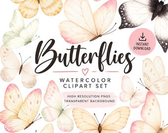 Watercolor Ivory Butterfly Clipart PNG Bundle, Pastel Butterfly Clip Art, Vintage Butterflies, Printable, Sublimation, Commercial Use