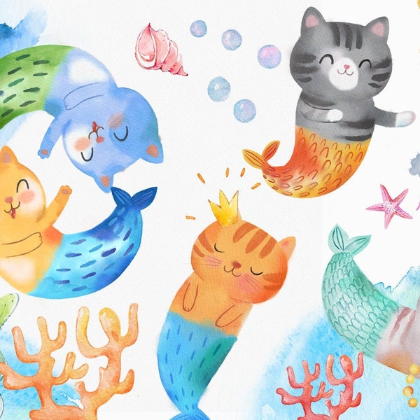 Watercolor Cat Mermaid, MeowMaid, Mermaids, MerCat, Cat, Kitty PNG, Purrmaid PNG, Mermaid Cat Clip Art Funny Mermeow Cat  Digital DOWNLOAD