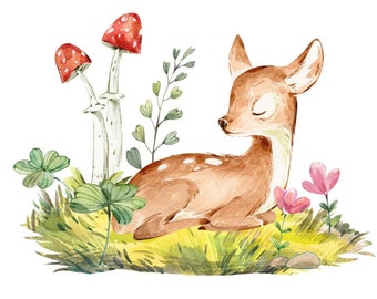 Baby Deer, Watercolor Fawn PNG Clipart, Sleeping Baby Deer, Blue ribbon, Little Deer, Deer Print Art, Deer, Deer Illustration, Deer Clip Art