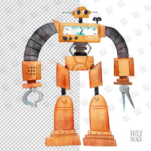 Watercolor Robot, Yellow Robot, Robot ClipArt, Robot PNG, Cute Robot, Robot Birthday PNG Digital Download, party, Invitation, Robot Art