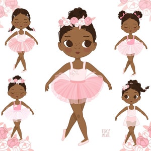 Ballerina Clipart, Little Ballerina, African-American Girl, Ballerina PNG, Planner Sticker, Pink Tutu, Dancing Black Girl, digital Download