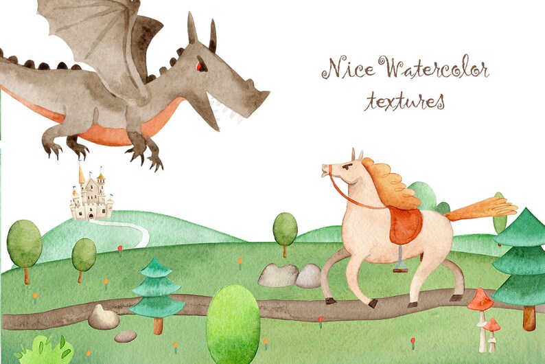 May include: Watercolour illustration of a grey dragon flying over a white castle with a green hill and a white horse with a brown saddle running on a path with green trees and mushrooms. The text "Nice Watercolor textures" is written in brown cursive.