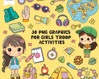 May include: A set of 30 colorful digital illustrations for girls' troop activities. The illustrations include a girl scout, a compass, a tent, a flashlight, a backpack, a notebook, a cookie, a campfire, a map, a diamond, a key, a pair of binoculars, sunglasses, a headset, a pencil, a notebook, and more.