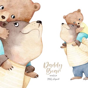 Watercolour PNG Daddy Bear, Dad and baby Clipart, Animals Family Clipart, Baby Bear Print, Bear Illustration, Family Clipart, Father Bear