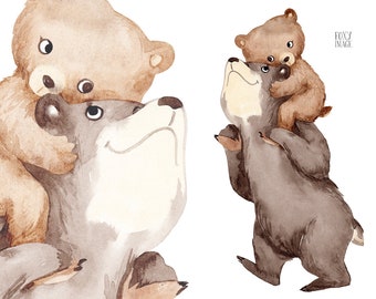 Clipart de oso en acuarela: Ilustración de padre e hijo (Descarga digital)