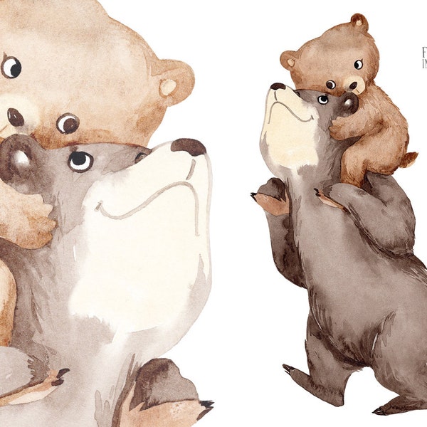 Aquarelle PNG Papa Ours, Père et Fils, Animaux Clipart, Petit Garçon, Impression Bébé Ours, Illustration Ours, Clipart Famille, Fête des Pères