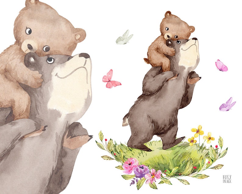 Puede incluir: Ilustraci&oacute;n de acuarela de dos osos marrones. Un oso m&aacute;s peque&ntilde;o est&aacute; sentado en la espalda de un oso m&aacute;s grande. El oso m&aacute;s grande est&aacute; de pie en un parche de hierba verde con flores rosas y moradas. Hay mariposas volando alrededor de los osos.