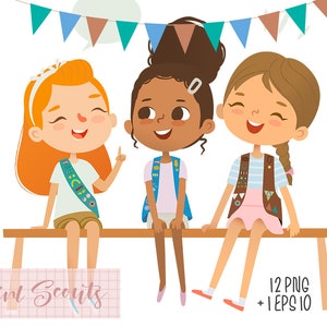 Tropa de exploradores Junior Daisy Brownie, niñas felices abrazándose, imágenes prediseñadas PNG de niñas multiculturales, amigas de las niñas exploradoras, reunión de la tropa de niñas