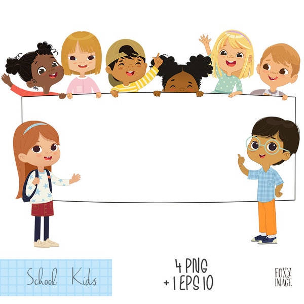 School Children Hold A Blank Poster, Boy and Girl PNG, School Friends, Multicultural children, Digital Download, Happy Children, School Kids