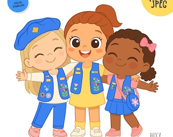 Clipart de Daisy Scouts Kawaii, lindas chicas felices abrazándose, PNG de amigos estilo chibi, niños multiculturales, ilustración de niños con diversidad escolar