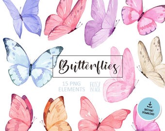 Pink Watercolor Butterflies Clipart, Romantic Butterfly PNG, Valentine’s Day Clipart, Pink-Lilac and Gold Butterflies, Digital Download
