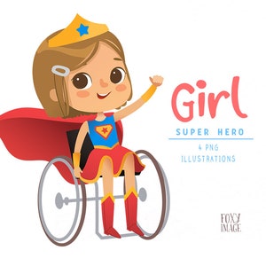 スーパーヒーローガール、スーパーヒーローの子供、車椅子の少女、スーパーヒーローパーティー、スーパーヒーローキッズPNG、スーパーヒーロークリップアート、インクルージョン、ダークブロンド