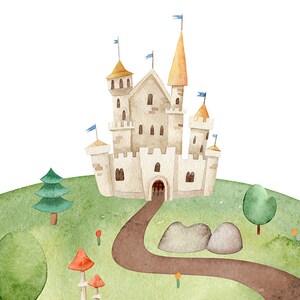 May include: A watercolour illustration of a white castle with yellow accents and blue flags on a green hill with a winding brown path, trees, and mushrooms.