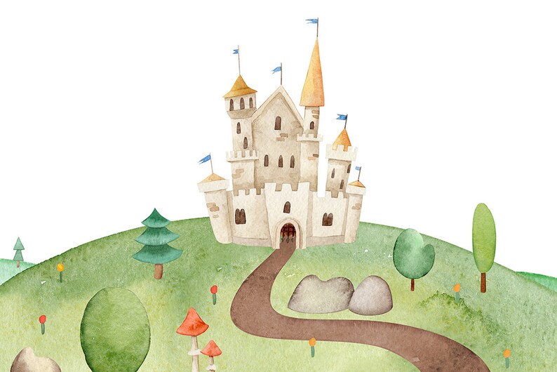 May include: A watercolour illustration of a white castle with yellow accents and blue flags on a green hill with a winding brown path, trees, and mushrooms.