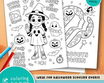 May include: Two Halloween-themed coloring pages featuring a witch and other spooky illustrations. The pages include the text "Hocus Pocus", "Trick or Treat", and "Girls Can Do Anything". The image also includes the text "5 coloring pages" and "Halloween Fun".