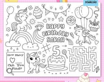 Editable Unicorn Party Coloring Page Placemat, PRINTABLE Custom ...