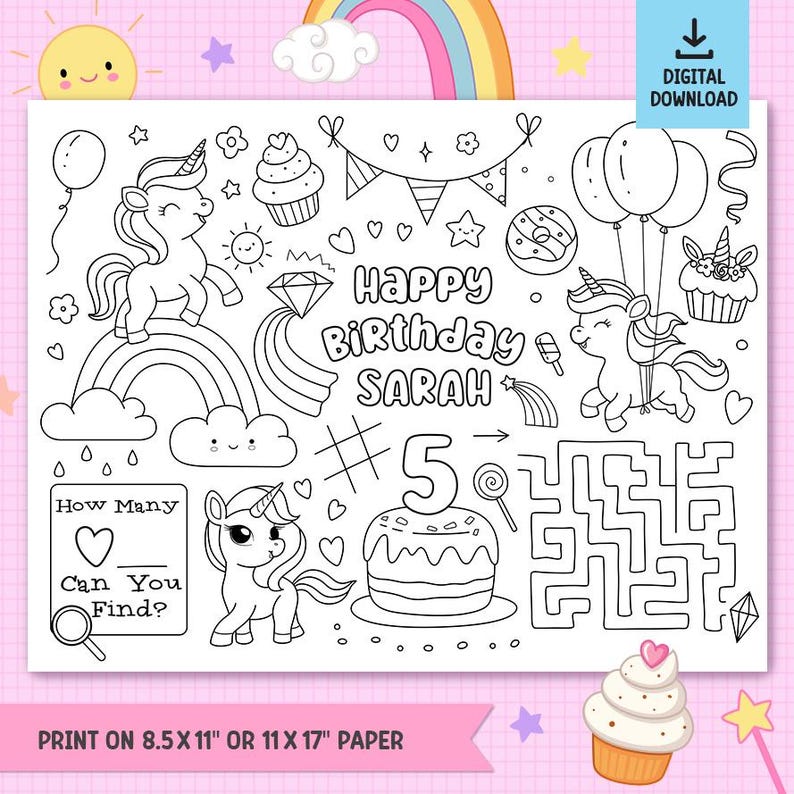 Unicorn Party Coloring Page Placemat, PRINTABLE Custom Personalized ...