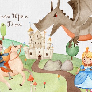 May include: A watercolour illustration of a fairytale scene with a prince on a white horse, a princess in a blue dress, a dragon flying overhead, and a stone castle in the background. The text "Once Upon a Time" is written at the top of the image.