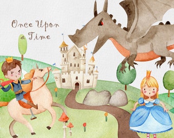 Watercolor Fairy Tale, Prince, Princess, Dragon, Scary, Castle, Fairytale PNG, Little Princess PNG, Fairytale Landscape, Digital DOWNLOAD