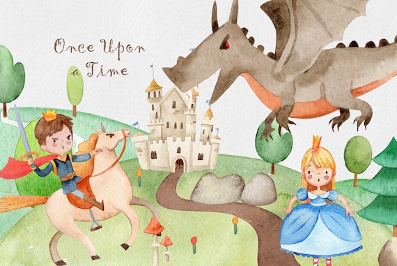 Watercolor Fairy Tale, Prince, Princess, Dragon, Scary, Castle, Fairytale PNG, Little Princess PNG, Fairytale Landscape, Digital DOWNLOAD