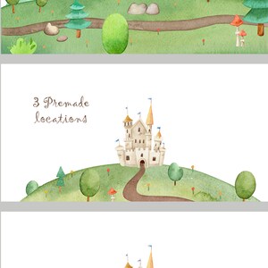 May include: Three watercolour illustrations of a fairytale castle on a hill with a winding path leading to the entrance. The castle is white with gold accents and blue flags. The hills are green with trees and flowers. The text "3 Premade locations" is written in black cursive.