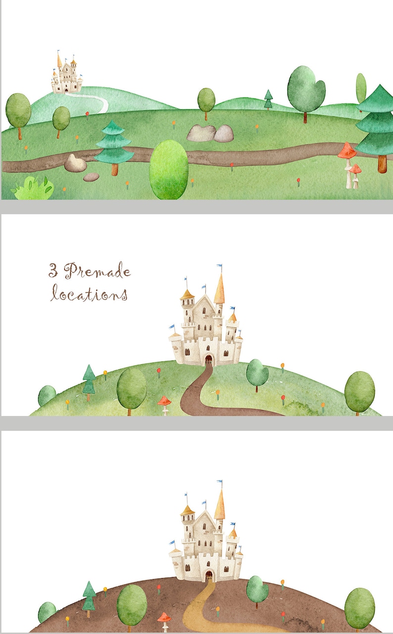 May include: Three watercolour illustrations of a fairytale castle on a hill with a winding path leading to the entrance. The castle is white with gold accents and blue flags. The hills are green with trees and flowers. The text "3 Premade locations" is written in black cursive.