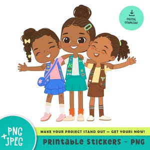 African American Troop Girls – Daisy, Brownie, Junior Inspired Clipart – Printable Stickers for Crafts & Planning