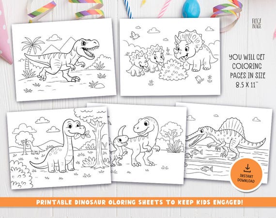 恐竜ぬりえ5枚セット（印刷可能） – T-Rex、トリケラトプス
