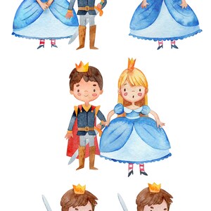 May include: Watercolour illustration of six cartoon characters dressed as royalty.  There are three princes and three princesses.  The princes are wearing blue and red outfits with swords and crowns.  The princesses are wearing blue dresses with crowns.
