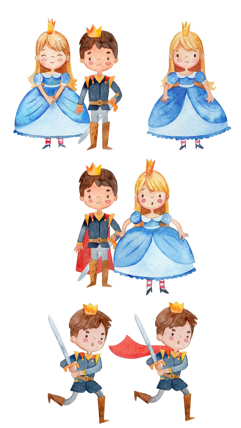 May include: Watercolour illustration of six cartoon characters dressed as royalty.  There are three princes and three princesses.  The princes are wearing blue and red outfits with swords and crowns.  The princesses are wearing blue dresses with crowns.