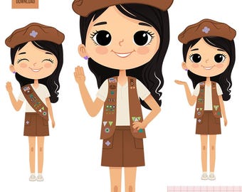 Clipart fille cheveux noirs brownies, joyeuse éclaireuse, troupe de brownies, scout PNG, clipart troupe de brownies, uniforme gilet ceinture, clipart brownies