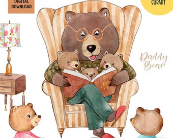 Watercolor Bear Family Clipart: Daddy, Grandpa, Kids Reading (PNG)