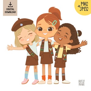 Brownies League Scouts, Happy Girls Hugging, Scout  Girls PNG Clipart, Girls Friends, School Girls, Multicultural children, Scouts Troop