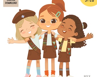 Scout Girls Clipart, Brownies League, Multicultural Children (PNG, JPEG)