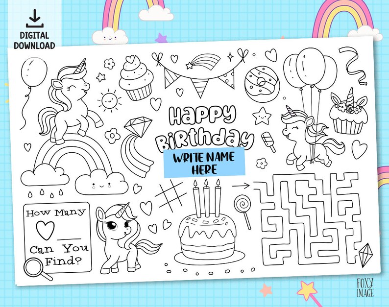 Editable Unicorn Party Coloring Page Placemat, PRINTABLE Custom ...