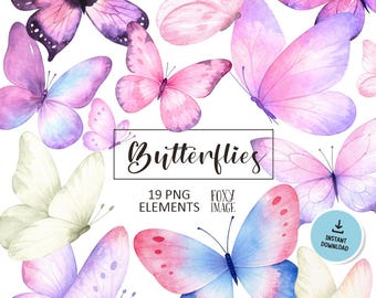 Watercolor Butterfly Clipart Bundle Soft Pastel Butterflies PNG, Pink Lilac Yellow Blue Butterflies, Elegant Sticker Style, Digital Download