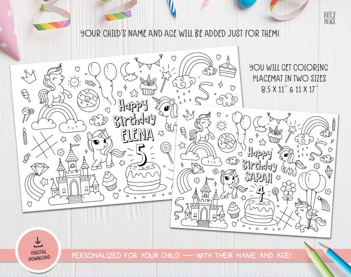 Unicorn Birthday Coloring Placemat · Personalized Activity Page With ...